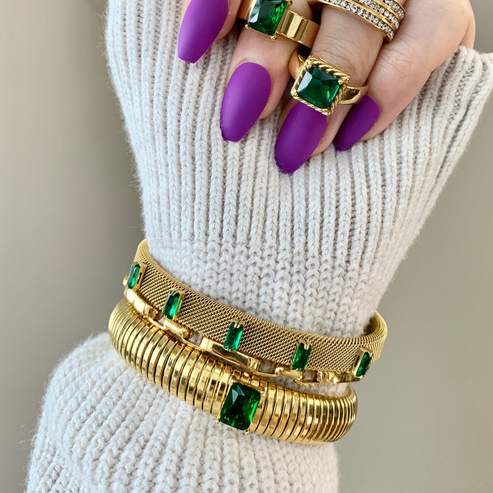 18k Gold Plated Over Stainless Steel Bangle - Emerald - Picture 3 of 5